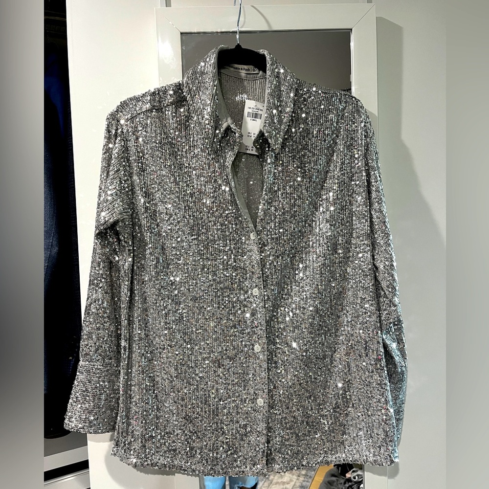 Abercrombie & Fitch Long-Sleeve Sequin Button-Up Shirt, SILVER